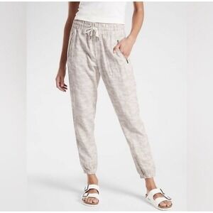 Athleta Cabo Tide‎ Linen Jogger Pants Womens 4 Beige Camo Elastic Waist Ankle